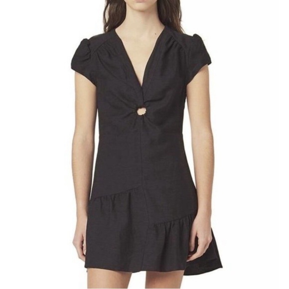 sandro Paris Ronald Gathered Linen Blend Mini Dress size FR38 (US 4/6) - Black - Picture 1 of 11